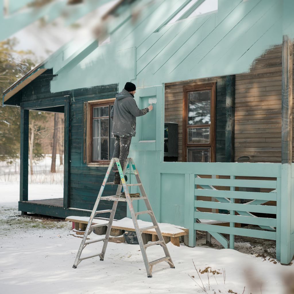 man die buitenkant van een huis schildert in de winter